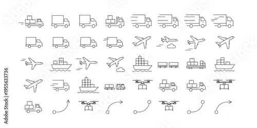 Collection of Transportation and Logistics Icons Trucks, Airplanes, Ships, and Drones Representing Delivery Services