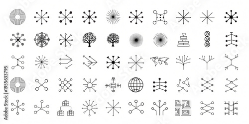 Collection of abstract geometric network and connection icons, illustrating data, structure, and growth concepts