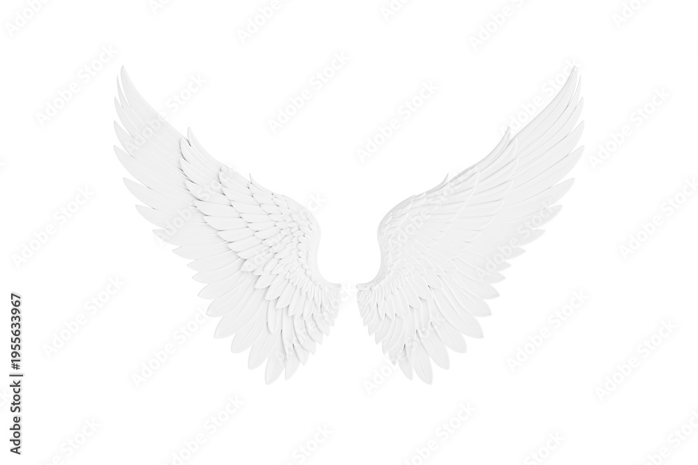 Fototapeta premium Freedom And Angelic Symbol Concept With Wings. White Feather Wings Spread Symmetrically On White Background. 3d rendering