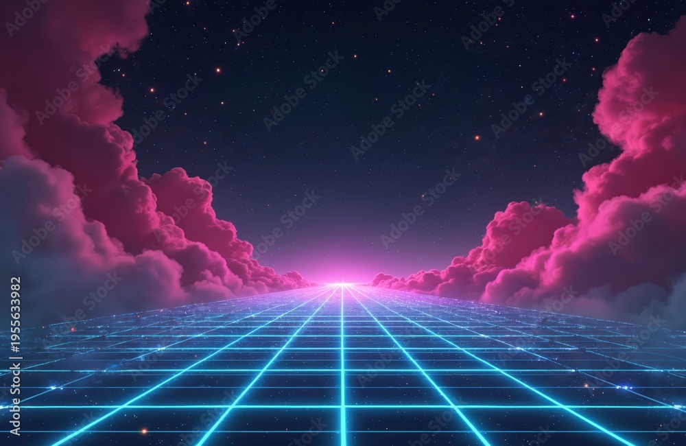 Fototapeta premium Glowing neon grid road leads through pink clouds under starry night sky. Digital landscape with retro futuristic synthwave aesthetic. Abstract cyberspace background.