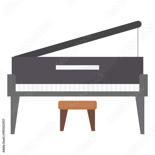 A illustration of a classic black grand piano featuring elegant wooden keys and a sleek design, perfect for a jazz concert or a musical interior room style
