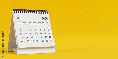 White Desk Monthly May 2026 Business Calendar. 3d Rendering