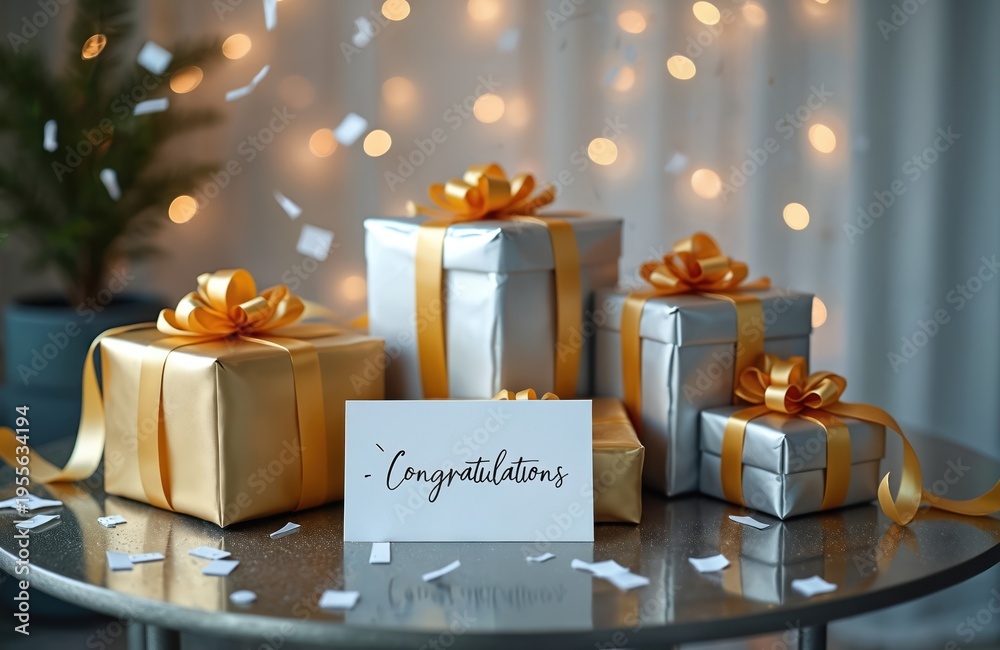 Obraz premium Wrapped gift boxes with gold ribbon sit on a shiny table. Confetti falls around a card reading Congratulations. Soft lights glow in background.