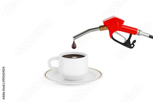 Energy Consumption And Coffee Addiction Concept. Fuel Nozzle Dripping Drop Of Coffee Into White Cup. 3D Rendering