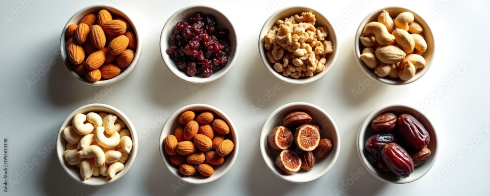 Obraz premium Eight bowls contain assorted nuts and dried fruits almonds cashews walnuts raisins figs and dates. Healthy food arrangement for snacking or festive occasions. Natural nutrition variety.