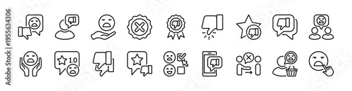 Negative and bad for rating review feedback, satisfaction, experience icon set. Contains sad customer, thumbs down, give one star, cross badge, choice, disappointed for social media - vector