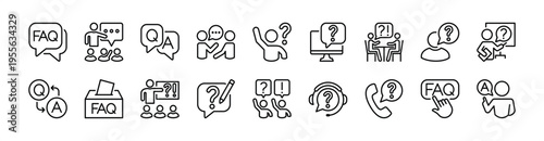 FAQ thin line icon set. Contains chat speech bubble of questions, answers, help, support, discussion, solution, problem, phone call, talk, communication, comment, conversation, box - vector
