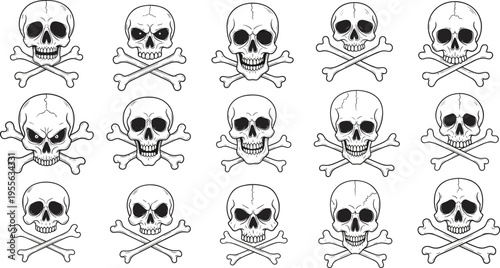 Classic Skull and Crossbones Vector Illustration Set Featuring Various Human Cranium Shapes and Crossed Bones for Pirate Theme Gothic Design and Alternative Apparel Branding.
