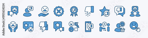 Set of negative and bad for rating review feedback, satisfaction, experience icon. Contains sad customer, thumbs down, give one star, cross badge, choice, disappointed for social media - vector