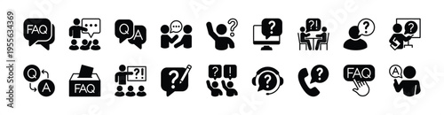 FAQ icon vector set. Contains chat speech bubble of questions, answers, help, support, discussion, solution, problem, phone call, talk, communication, comment, conversation, box - illustration