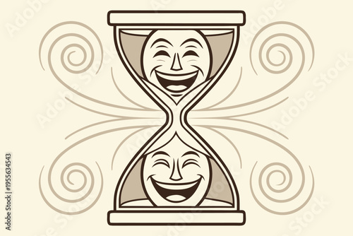 Smiling hourglass with swirls on beige background smiling faces