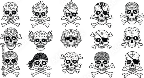 Pirate Skull and Crossbones Vector Illustration Set Featuring Decorative Skulls with Eyepatches Bandanas Flames Moon and Star Details for T-Shirt Designs and Gothic Art.