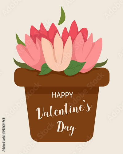 Flower pot with pink plants and leaves isolated on beige background for valentines day, icons, postcards
