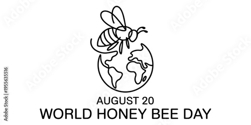 Minimalist line art illustration of a honey bee perched on top of a globe for world honey bee day Vector, illustration