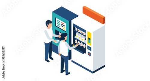 Two men using a vending machine.