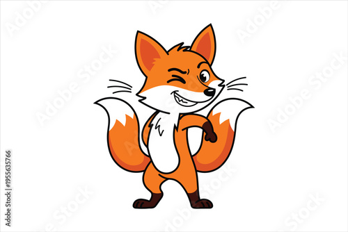 Mascot Cartoon orange fox character winking and dancing isolated on white background