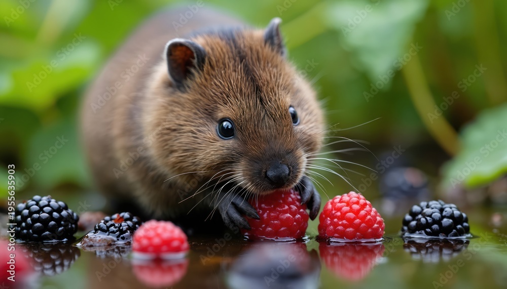Obraz premium Small water vole animal eats red raspberry fruit in shallow water. Cute rodent with fur and whiskers looks at camera among green leaves and wild berries. Macro shot.