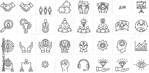Business teamwork and success line icon set featuring partnership, leadership, target, communication, growth, strategy and achievement concepts