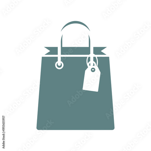 A minimalist graphic illustration of a teal shopping bag with white handles and a blank price tag, symbolizing retail and consumerism.