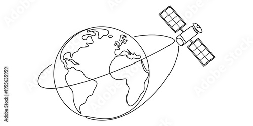A black and white line art illustration of a satellite orbiting around the planet earth in space Vector, illustration