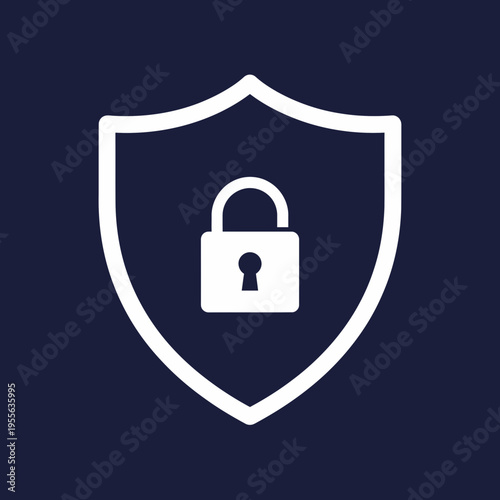 A white shield icon with a closed padlock in the center, symbolizing digital security and data protection on a dark blue background.