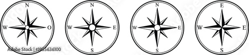 Compass rose navigation icon set featuring cardinal directions, vintage nautical symbols and map orientation design elements vector collection