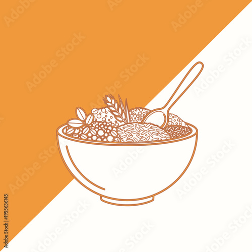 Outline illustration of a bowl filled with healthy breakfast cereals, grains, and nuts, with a spoon, set against a diagonal orange and white background.