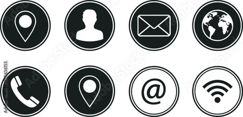 Contact and communication icon set featuring location, user profile, email, phone, globe, internet and wireless connection symbols