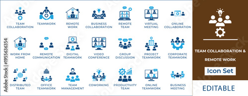 Team collaboration and remote work icon set featuring virtual meetings, work from home, video conferencing, digital teamwork, business communication, and online project symbols.