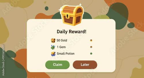 Daily Reward Interface with Gold Gem and Potion Icons.