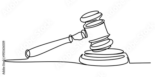 A continuous line drawing of a wooden judge gavel resting on a sound block for legal proceedings Vector, illustration