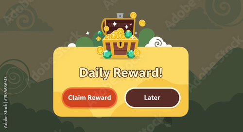 Daily Reward Screen with Treasure Chest and Claim Buttons.