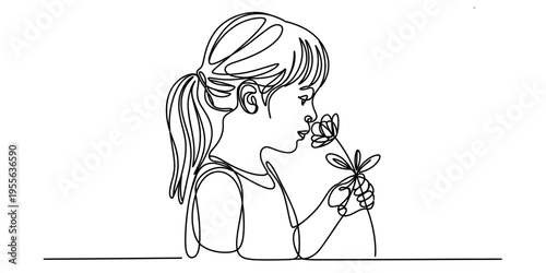 A continuous line drawing of a young girl with a ponytail gently smelling a small daisy flower Vector, illustration