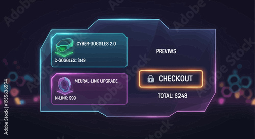 Futuristic Checkout Interface with CyberGoggles and Neural Link Upgrade.