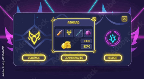 Futuristic Game Reward Interface with Neon Elements and Abstract Design.