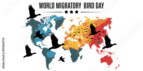 A colorful world map design celebrating world migratory bird day with silhouettes of flying birds Vector, illustration