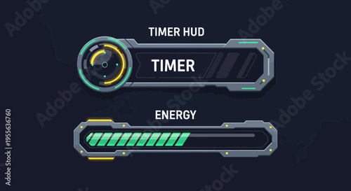 Futuristic HUD elements showcasing a timer and energy bar for UI design.