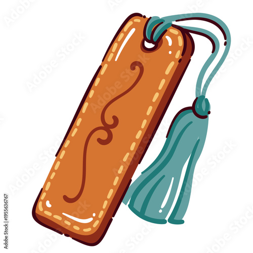 Leather bookmark with stitched edge, punched hole and tassel cord in vertical shape. Reading, journal and book lover design with leather bookmark, cartoon vector illustration