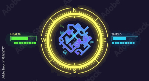 Futuristic HUD Compass Displaying Health Shield and MazeLike Map.