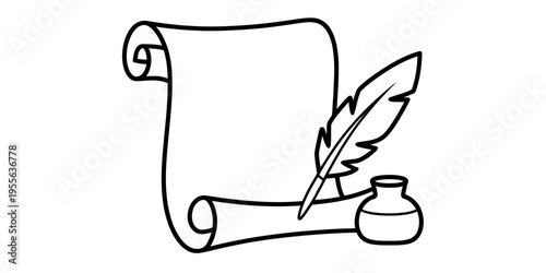 A simple black and white line art illustration of an old vintage scroll with a feather quill pen Vector, illustration