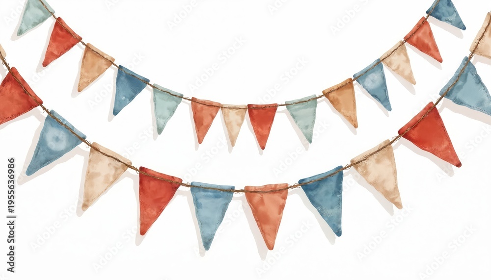 Fototapeta premium Two strings of bunting flags in red blue and tan colors hang on a white background. These fabric triangles add a festive touch for parties, events, or celebrations.