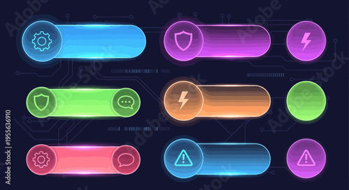 Futuristic UI Elements Neon Buttons and Icons for Modern Interfaces.