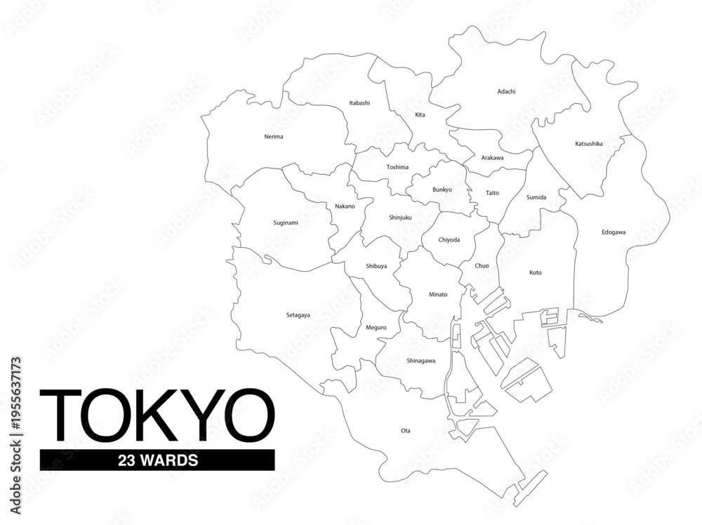 Fototapeta premium 東京都23区白地図 区名入 (英語)