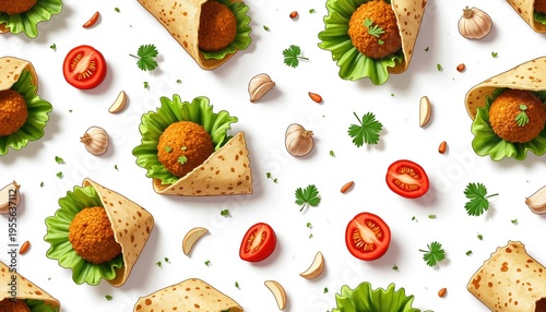 Top down view of falafel wraps scattered on white surface. Fresh lettuce, tomato slices, garlic, and parsley garnish the scene. This is great for food blogs, menus, and healthy eating concepts.