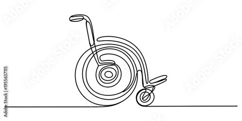 A continuous line drawing illustration of a medical wheelchair isolated on a plain white background Vector, illustration