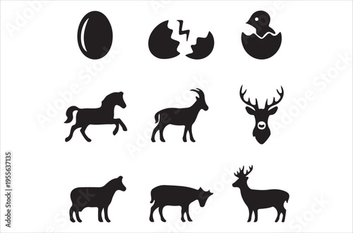 Silhouettes of animals including horses deer and a hatching chick
