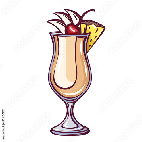 Pina colada cocktail in hurricane glass with pineapple slice, cherry and tropical garnish in retro style. Bar menu, summer drink card and cocktail design with pina colada, vector illustration