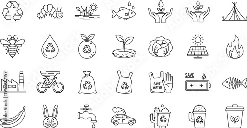 Eco friendly sustainability icon set featuring recycling, renewable energy, organic farming, water conservation and environmental protection concepts