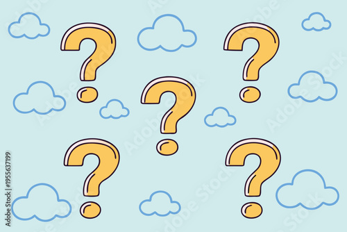 Question marks and clouds on light blue background abstract