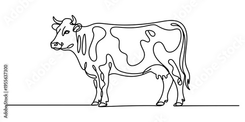 Minimalist single continuous line drawing of a dairy cow standing on a plain white background Vector, illustration